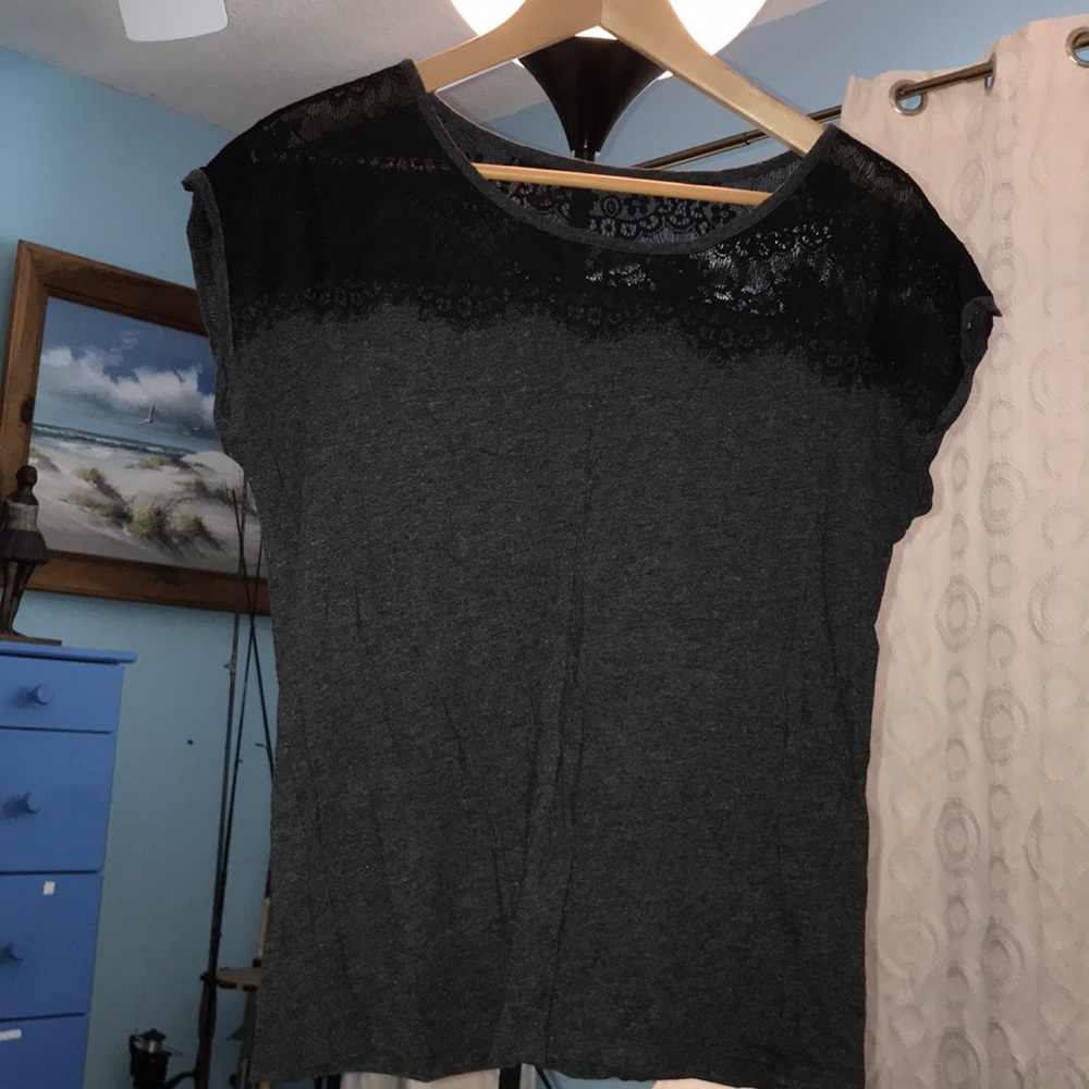 LOFT gray tee with black lace mesh detail